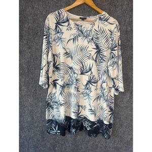 JJill Wearver Tunic Shirt Women XL Blue Tropical Leaf‎ 3/4 Sleeve Vacay Resort